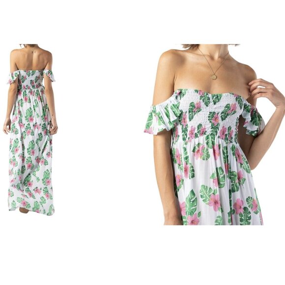 Tiare Hawaii Hollie Maxi Dress OS Tahitian Hibiscus Smocked Slits Vacation Beach - Picture 4 of 15